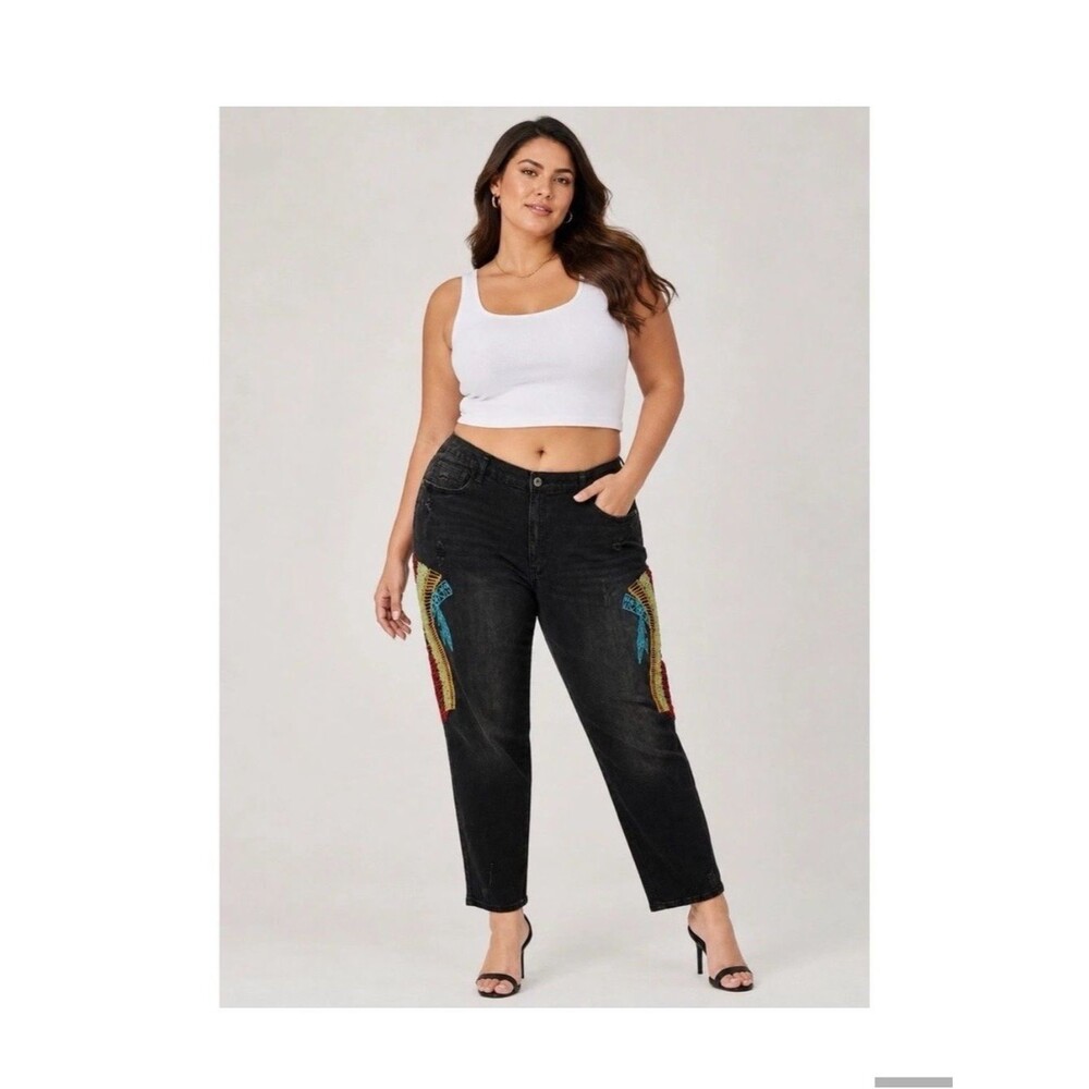 L&B Lucky & Blessed Black Boyfriend Jeans with Colorful Embroidered Side Panels
